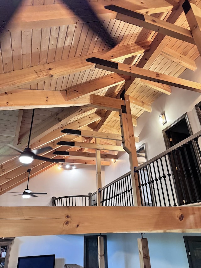 interior space featuring wood ceiling, a ceiling fan, and beam ceiling