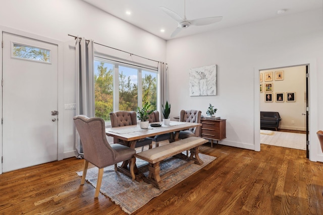 dining area featuring wood finished floors, recessed lighting, ceiling fan, and a healthy amount of sunlight