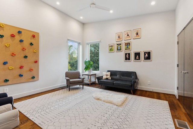 bedroom featuring dark wood finished floors, baseboards, visible vents, and recessed lighting