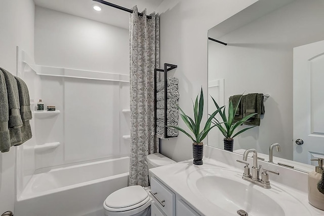 full bathroom featuring recessed lighting, toilet, vanity, and shower / bathtub combination with curtain