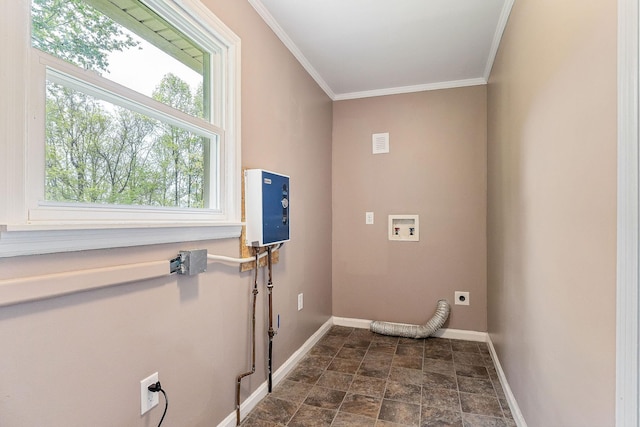 clothes washing area with a wealth of natural light, baseboards, electric dryer hookup, and laundry area