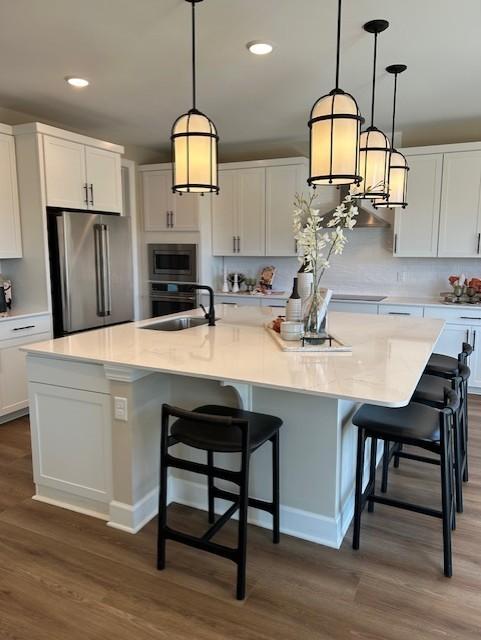 kitchen featuring white cabinets, dark wood-type flooring, a sink, and appliances with stainless steel finishes