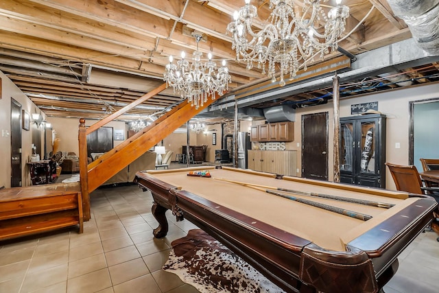 playroom featuring a chandelier, a wall mounted air conditioner, pool table, and light tile patterned floors
