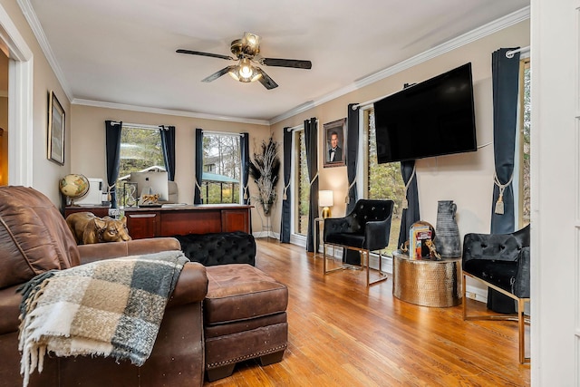living area featuring light wood-style flooring, baseboards, ceiling fan, and crown molding