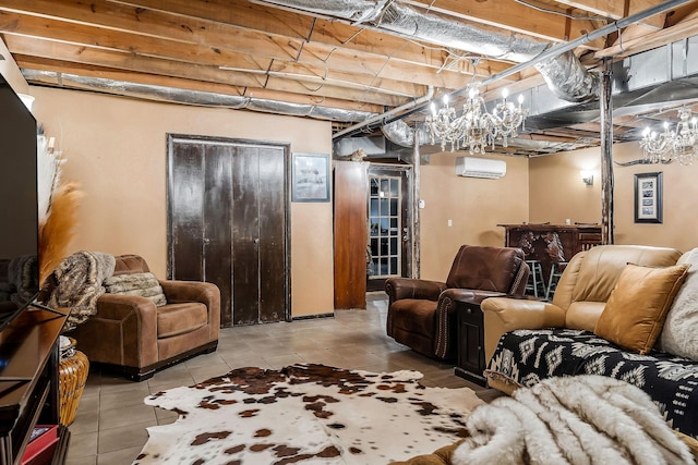 living area featuring tile patterned flooring and a wall unit AC