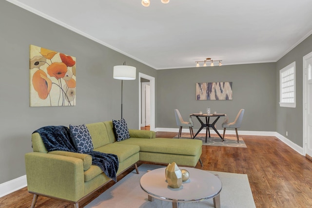living area featuring baseboards, wood finished floors, and crown molding
