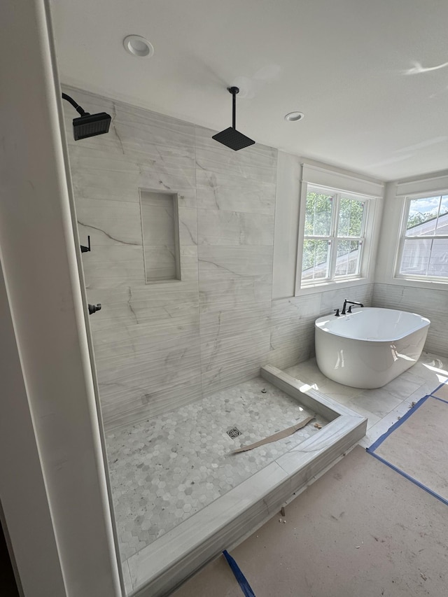 446 Roberts St, Murfreesboro, TN 37130 - bathroom featuring a freestanding tub, recessed lighting, and tiled shower