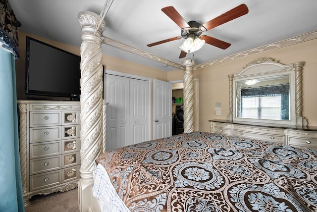 bedroom with decorative columns, dark carpet, a closet, and a ceiling fan