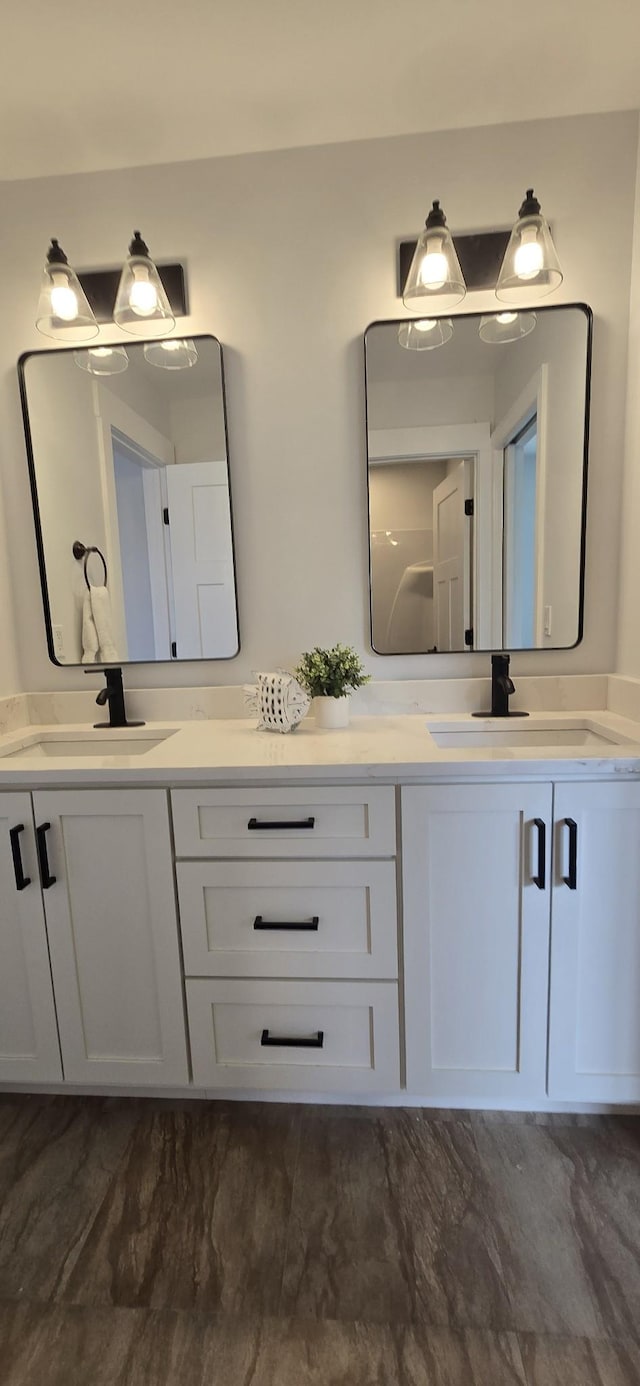 bathroom with double vanity, wood finished floors, and a sink