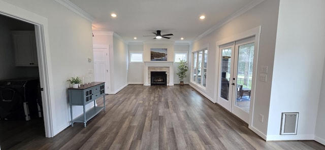 unfurnished living room featuring ceiling fan, dark wood-style flooring, french doors, and recessed lighting