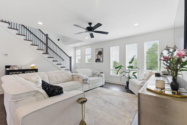 2002 Manchester Ave, Nashville, TN 37218 - living area featuring a ceiling fan, stairs, and dark wood finished floors