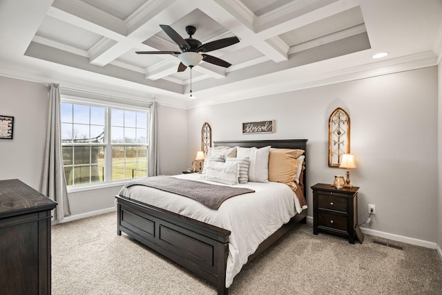 bedroom featuring coffered ceiling, visible vents, light carpet, ornamental molding, and baseboards