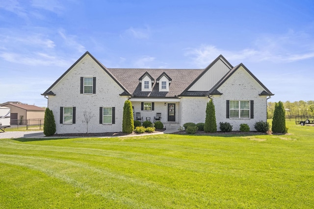 view of front of house with brick siding, fence, roof with shingles, and a front yard