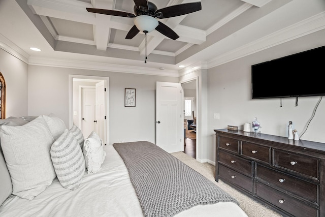 bedroom featuring beam ceiling, crown molding, light colored carpet, and coffered ceiling