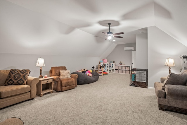 interior space with ceiling fan, lofted ceiling, a wall mounted AC, and carpet