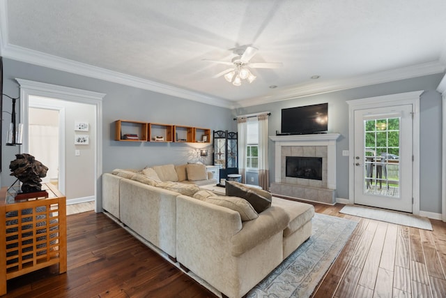 102 Munson Ct, Smyrna, TN 37167 - living area with a fireplace, a ceiling fan, dark wood-style floors, ornamental molding, and baseboards