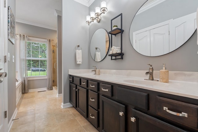 102 Munson Ct, Smyrna, TN 37167 - bathroom featuring ornamental molding, double vanity, a shower stall, baseboards, and a garden tub
