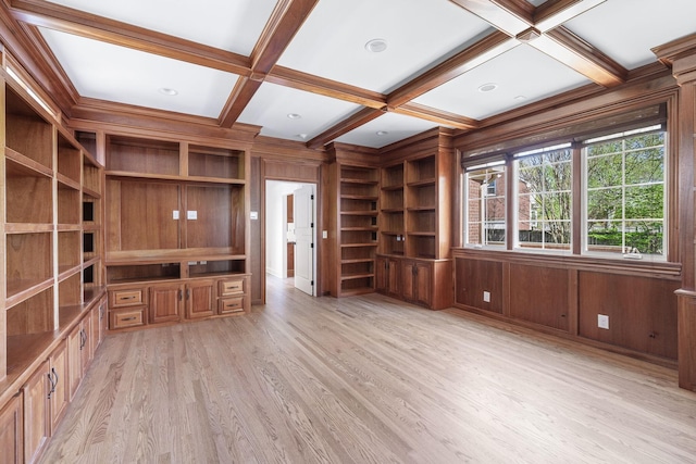 1008 Green Hill Cv, Brentwood, TN 37027 - unfurnished living room with wooden walls, coffered ceiling, beamed ceiling, and light wood finished floors