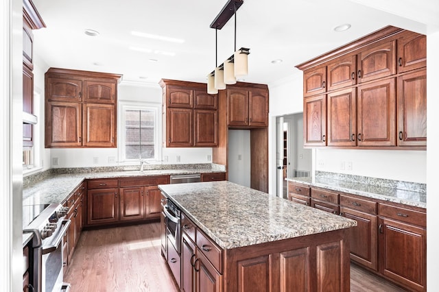 1008 Green Hill Cv, Brentwood, TN 37027 - kitchen featuring wood finished floors, a sink, light stone countertops, a center island, and appliances with stainless steel finishes