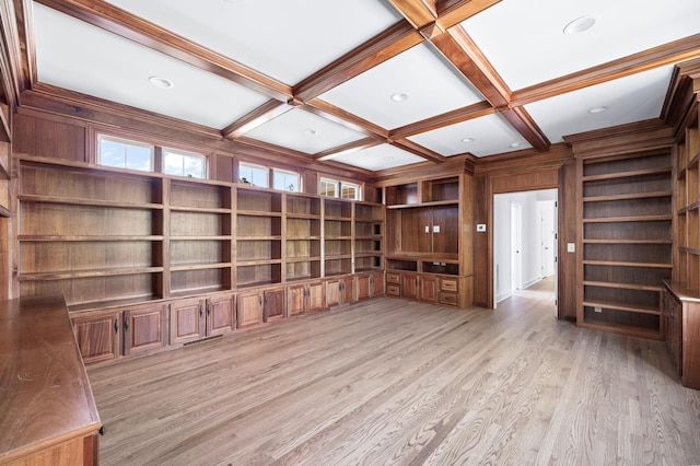 1008 Green Hill Cv, Brentwood, TN 37027 - interior space featuring recessed lighting, coffered ceiling, beam ceiling, light wood-style flooring, and built in shelves