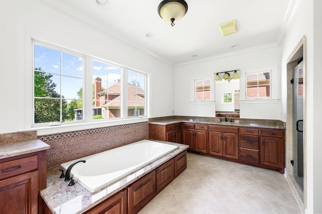 1008 Green Hill Cv, Brentwood, TN 37027 - bathroom featuring a bath, vanity, tile patterned flooring, and ornamental molding