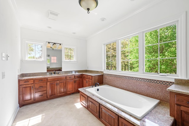 1008 Green Hill Cv, Brentwood, TN 37027 - full bathroom featuring tile patterned floors, a notable chandelier, crown molding, a garden tub, and vanity