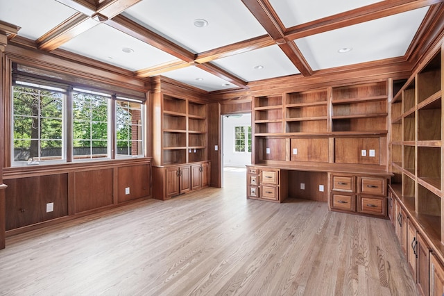 1008 Green Hill Cv, Brentwood, TN 37027 - unfurnished office with built in study area, wooden walls, light wood-type flooring, built in shelves, and coffered ceiling