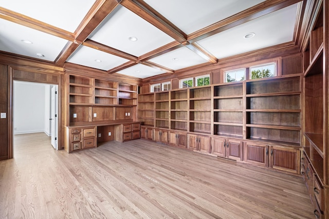 1008 Green Hill Cv, Brentwood, TN 37027 - unfurnished office featuring recessed lighting, built in study area, coffered ceiling, light wood-style flooring, and built in shelves