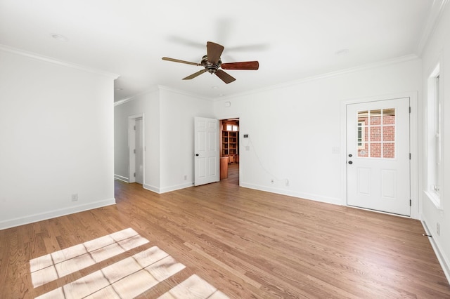 1008 Green Hill Cv, Brentwood, TN 37027 - unfurnished living room with ceiling fan, baseboards, crown molding, and light wood-style floors