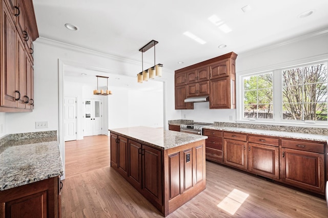 1008 Green Hill Cv, Brentwood, TN 37027 - kitchen featuring a center island, crown molding, stainless steel range with electric stovetop, light wood-style flooring, and under cabinet range hood