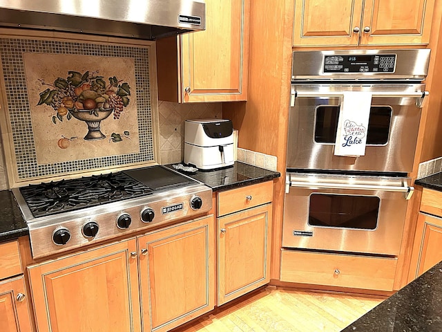247 Woods Ferry Cir, Gallatin, TN 37066 - kitchen featuring extractor fan, appliances with stainless steel finishes, dark stone countertops, backsplash, and light wood-style flooring
