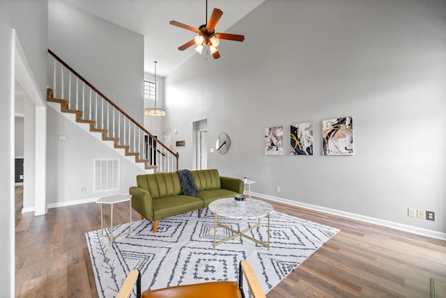 3051 Outfitters Dr, Clarksville, TN 37040 - living area featuring wood finished floors, visible vents, a ceiling fan, and high vaulted ceiling