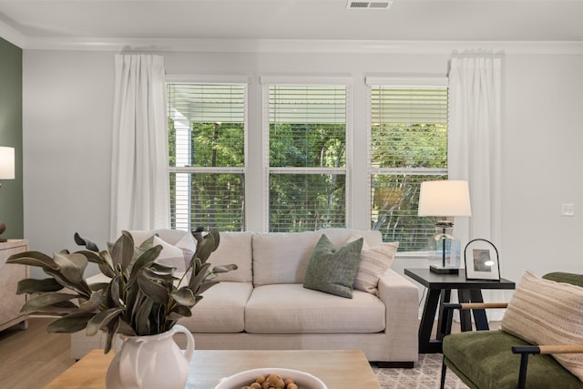 living room featuring wood finished floors, visible vents, and crown molding