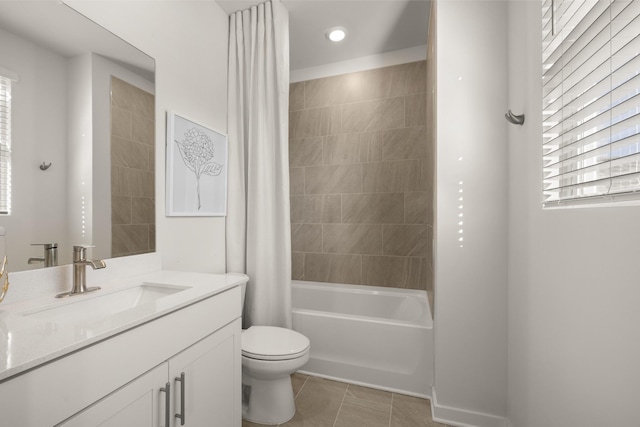 full bath with recessed lighting, tile patterned floors, toilet, vanity, and shower / tub combo with curtain