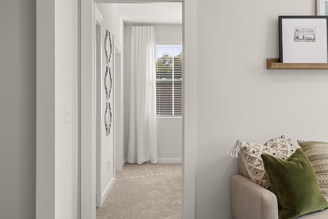 corridor featuring carpet flooring and baseboards