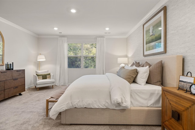 carpeted bedroom with baseboards, recessed lighting, and ornamental molding