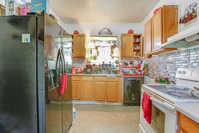kitchen featuring under cabinet range hood, light countertops, a sink, black appliances, and tasteful backsplash
