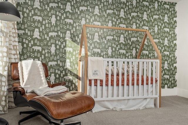 carpeted bedroom with wallpapered walls