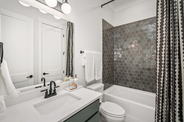 bathroom featuring toilet, vanity, and shower / bath combination with curtain