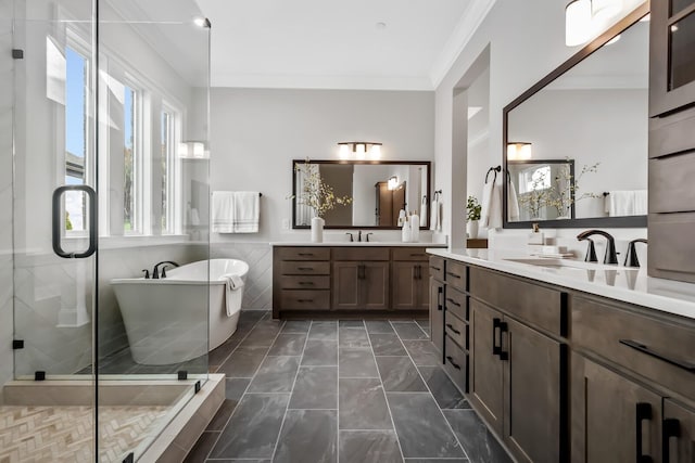 bathroom with a freestanding bath, a shower stall, ornamental molding, and a sink