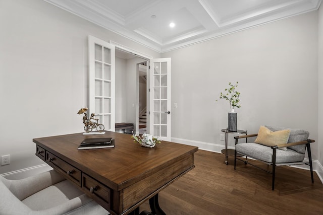 home office with crown molding, wood finished floors, baseboards, coffered ceiling, and beam ceiling