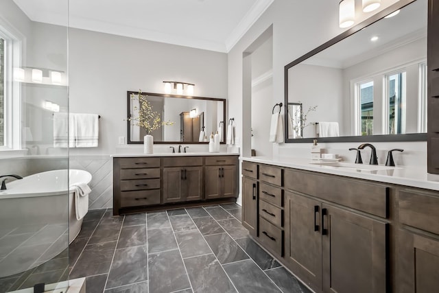 full bathroom with marble finish floor, a freestanding bath, ornamental molding, and a sink