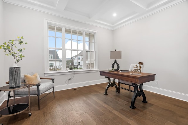 office area with beamed ceiling, baseboards, dark wood-type flooring, and coffered ceiling