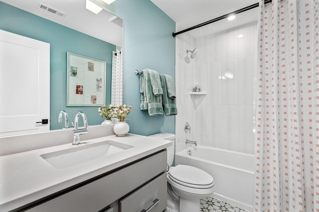 bathroom with toilet, vanity, visible vents, and shower / bathtub combination with curtain