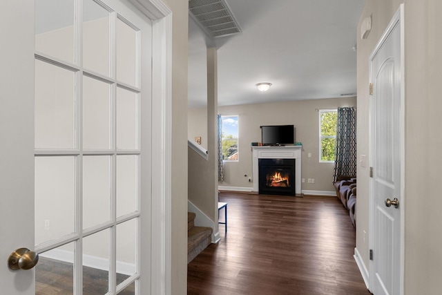 hallway featuring plenty of natural light, visible vents, stairway, and dark wood-style flooring