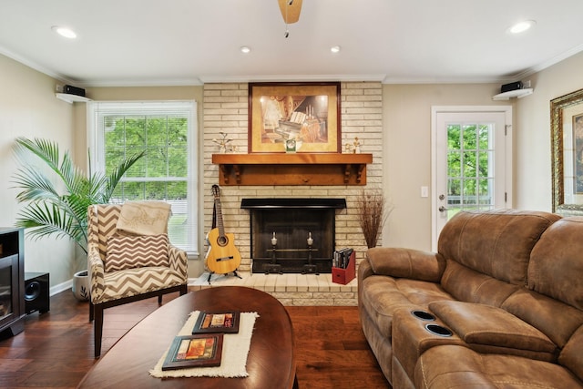 110 Ewingville Dr, Franklin, TN 37064 - living room with a fireplace, wood finished floors, crown molding, plenty of natural light, and recessed lighting
