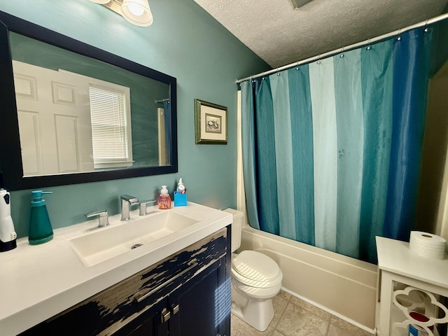 full bath featuring shower / bath combo, toilet, vanity, and a textured ceiling