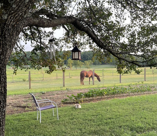 view of community with fence, a yard, and a rural view