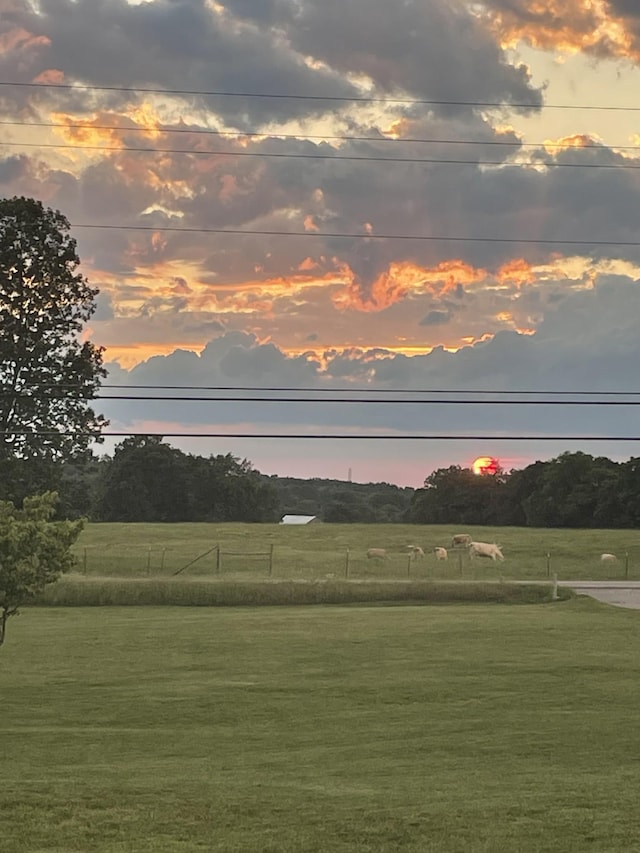view of community featuring a lawn and a rural view