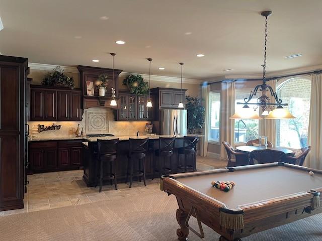 889 Plantation Blvd, Gallatin, TN 37066 - playroom featuring recessed lighting, a notable chandelier, crown molding, pool table, and light tile patterned floors